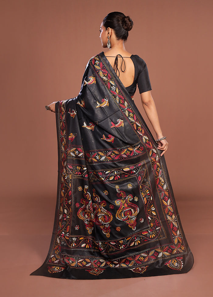 Black Kantha Stitch Silk Saree With Blouse Piece