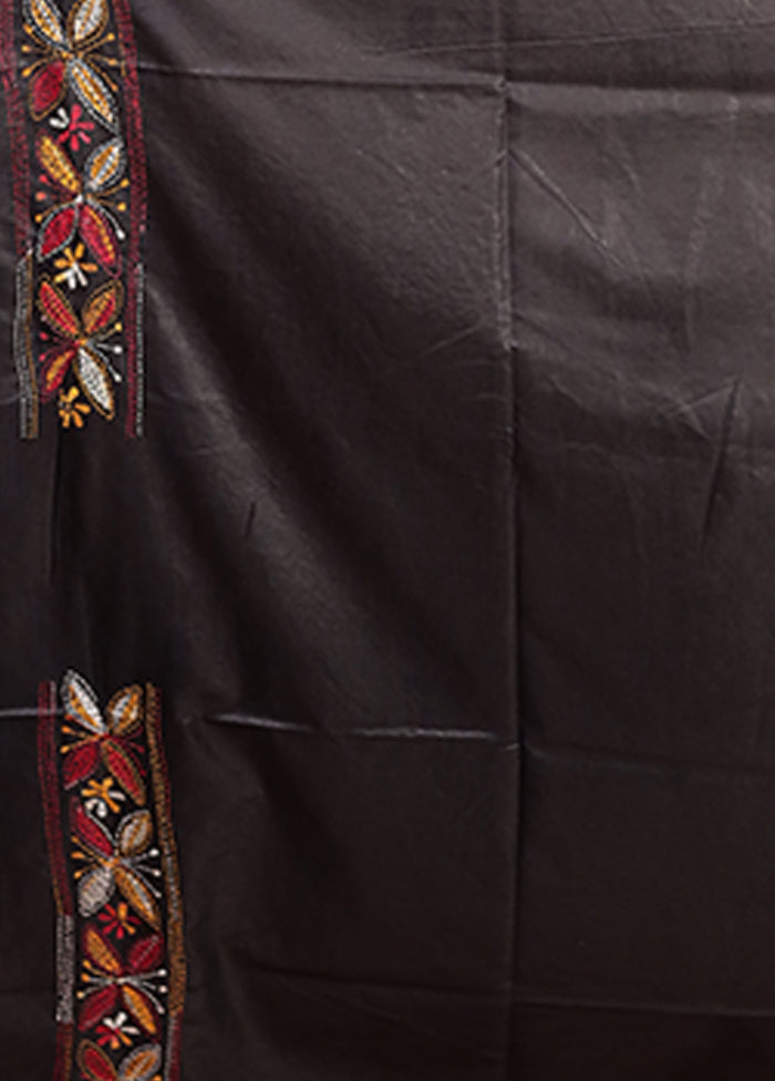 Black Kantha Stitch Silk Saree With Blouse Piece