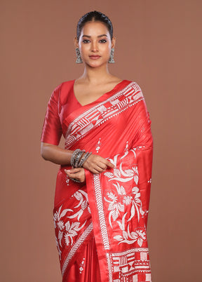 Rust Kantha Stitch Silk Saree With Blouse Piece