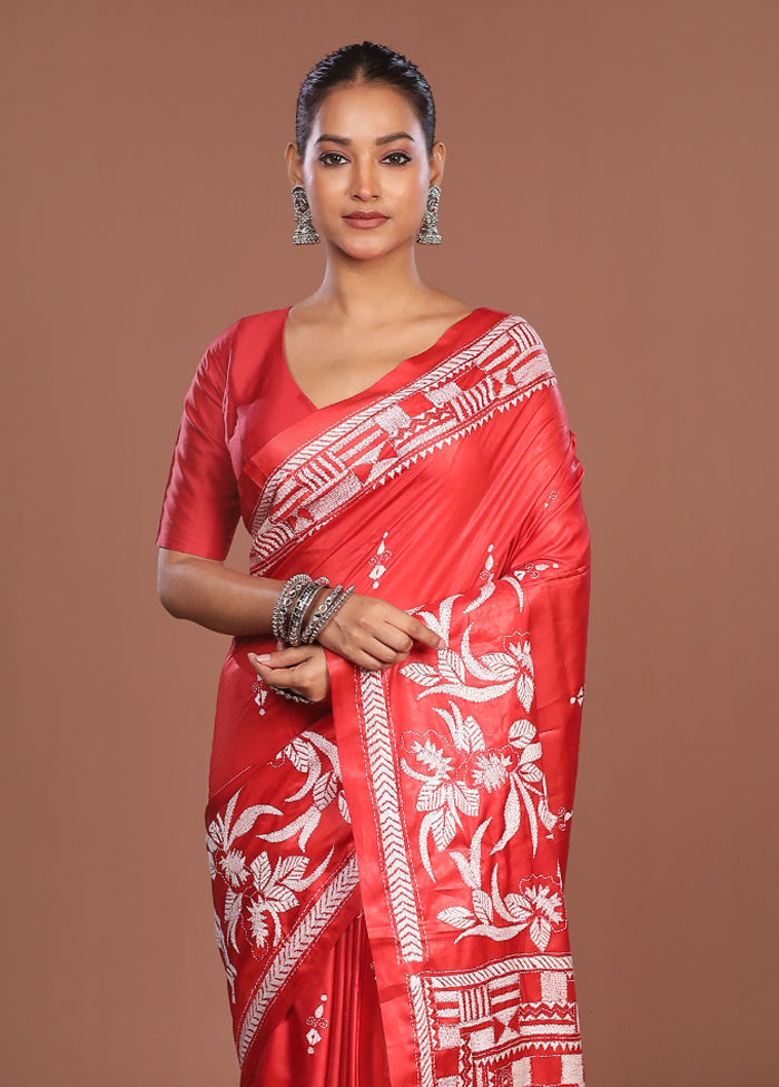 Rust Kantha Stitch Silk Saree With Blouse Piece