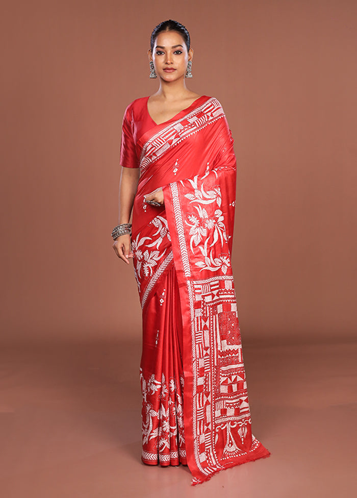 Rust Kantha Stitch Silk Saree With Blouse Piece