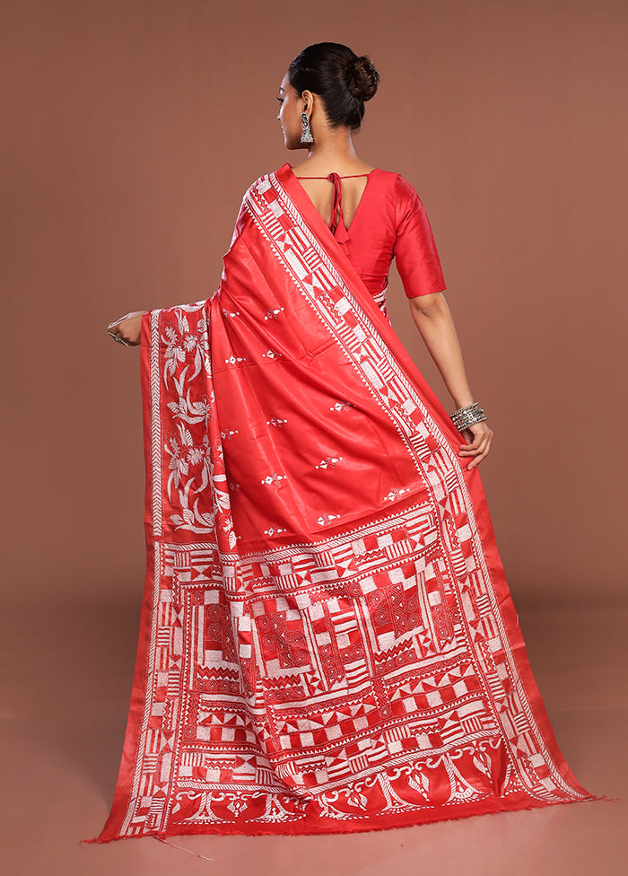 Rust Kantha Stitch Silk Saree With Blouse Piece