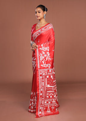 Rust Kantha Stitch Silk Saree With Blouse Piece