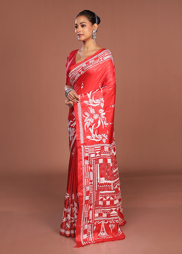 Rust Kantha Stitch Silk Saree With Blouse Piece