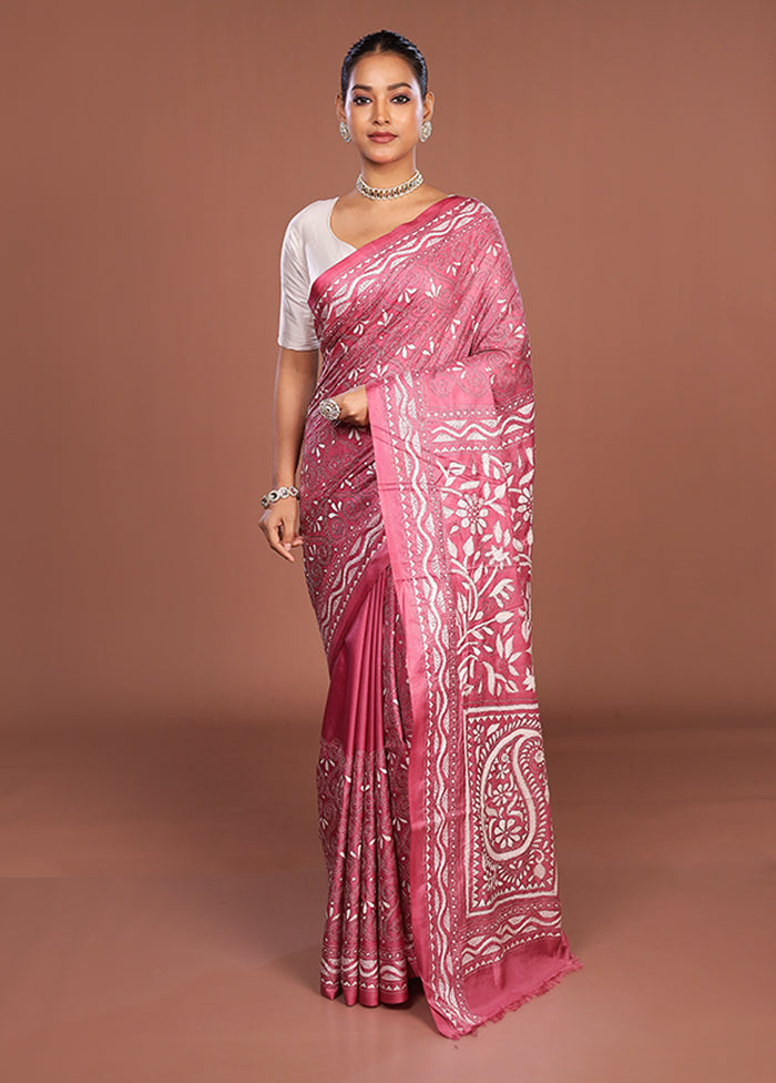 Pink Kantha Stitch Silk Saree With Blouse Piece