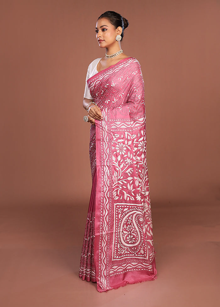 Pink Kantha Stitch Silk Saree With Blouse Piece