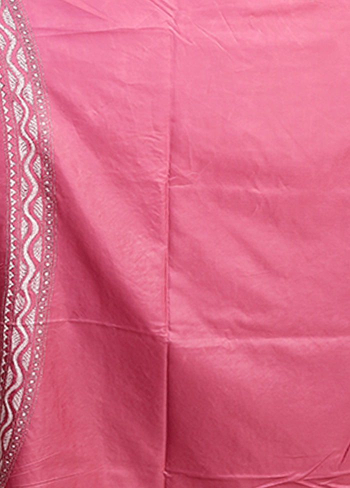 Pink Kantha Stitch Silk Saree With Blouse Piece