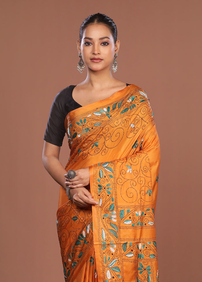 Yellow Kantha Stitch Silk Saree With Blouse Piece