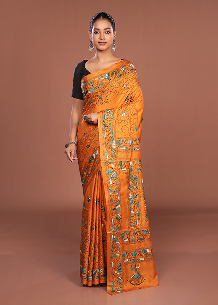 Yellow Kantha Stitch Silk Saree With Blouse Piece