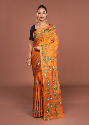 Yellow Kantha Stitch Silk Saree With Blouse Piece