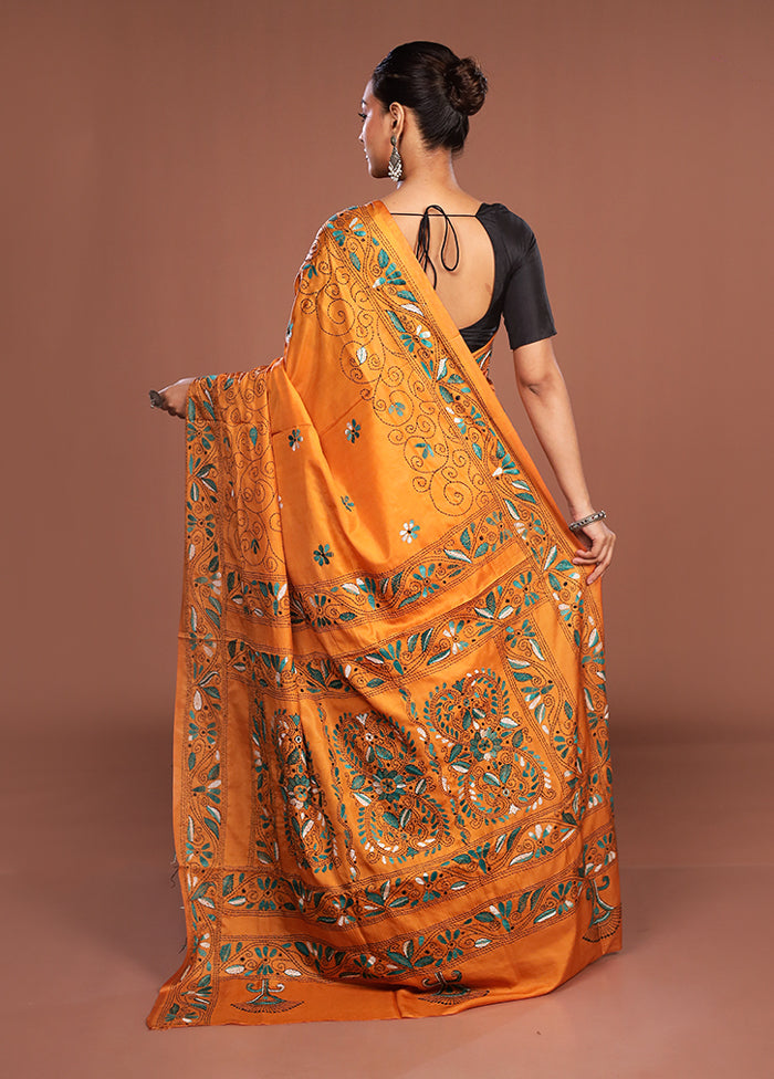 Yellow Kantha Stitch Silk Saree With Blouse Piece