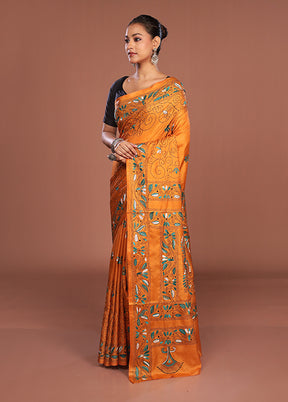 Yellow Kantha Stitch Silk Saree With Blouse Piece