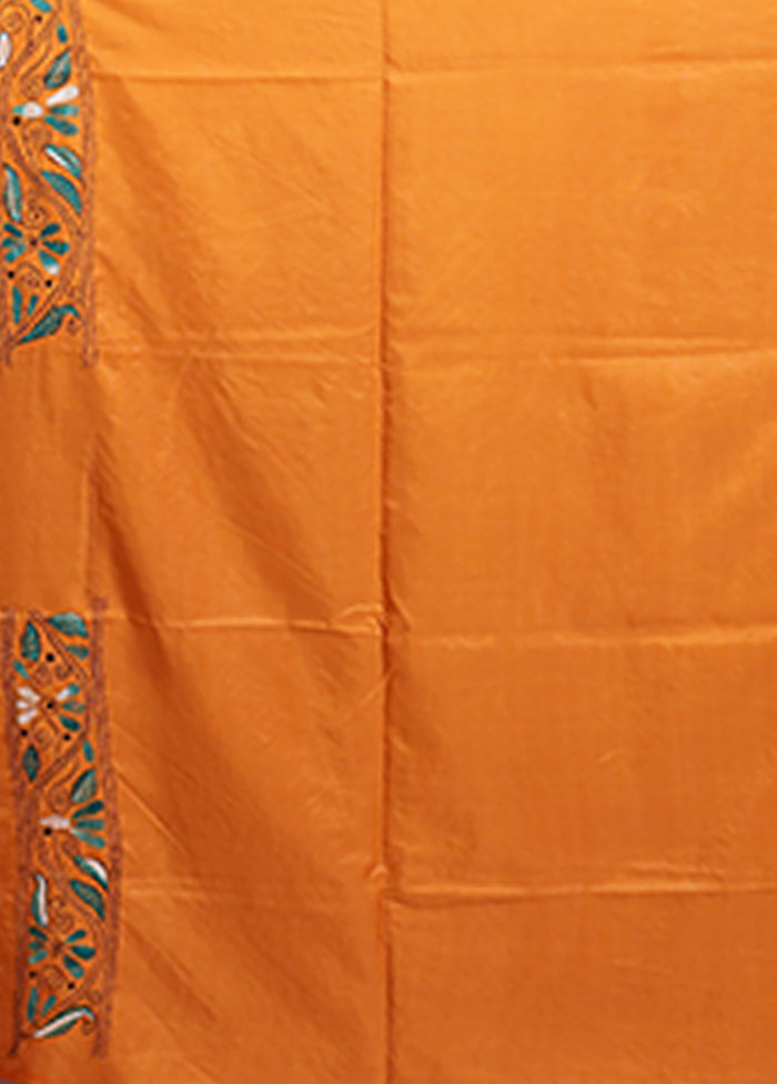 Yellow Kantha Stitch Silk Saree With Blouse Piece