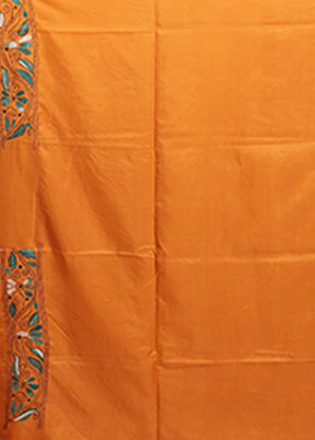 Yellow Kantha Stitch Silk Saree With Blouse Piece