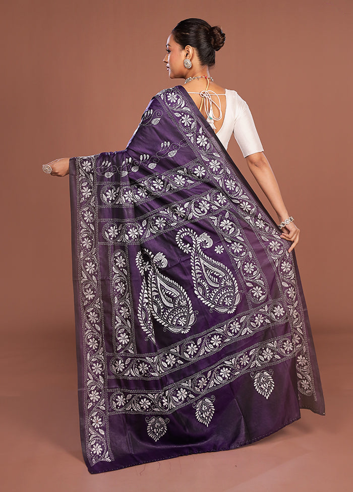 Purple Kantha Stitch Silk Saree With Blouse Piece