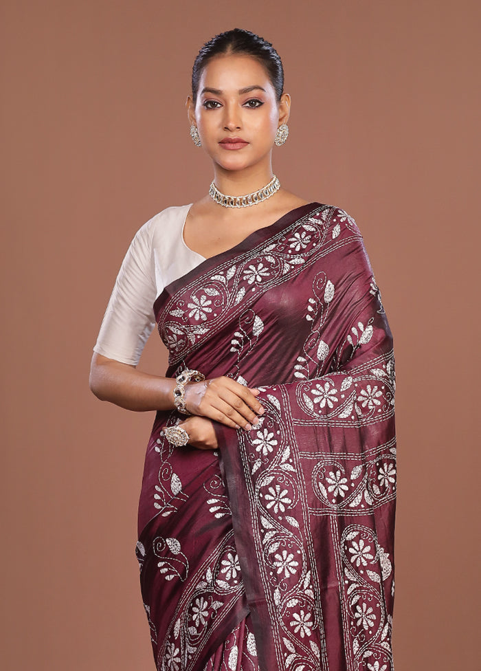 Purple Kantha Stitch Silk Saree With Blouse Piece