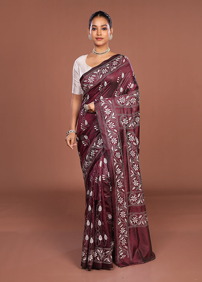 Purple Kantha Stitch Silk Saree With Blouse Piece