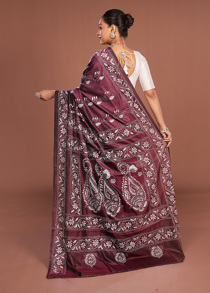 Purple Kantha Stitch Silk Saree With Blouse Piece