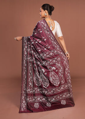 Purple Kantha Stitch Silk Saree With Blouse Piece