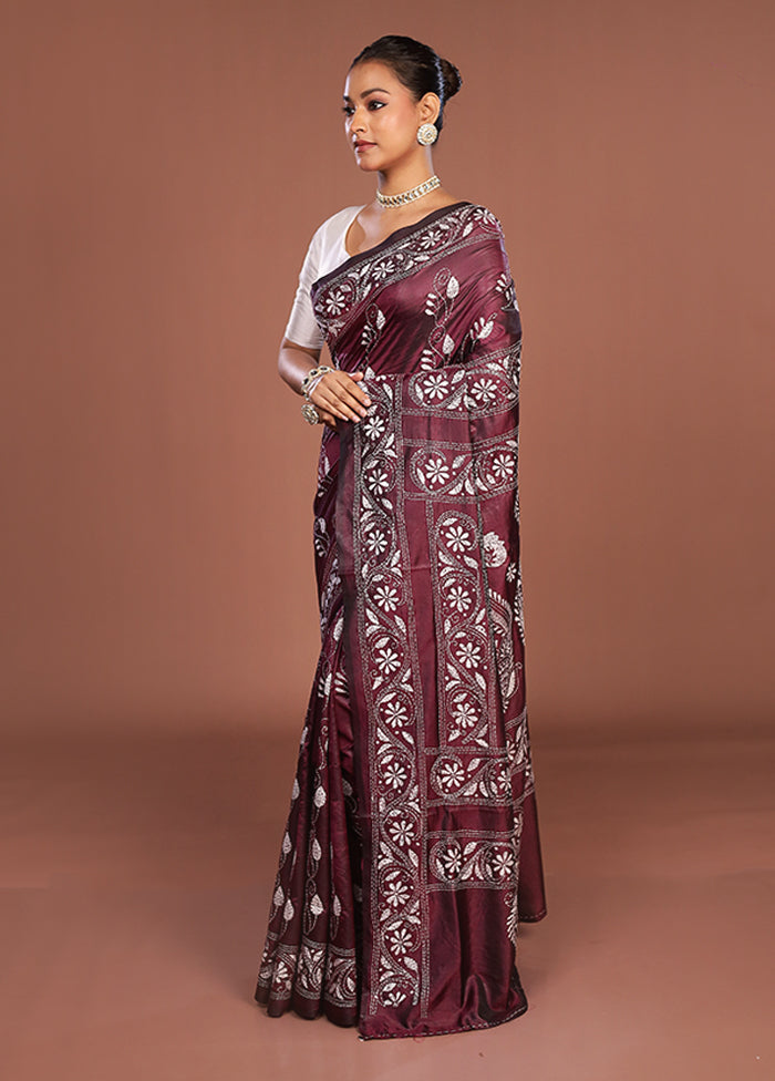 Purple Kantha Stitch Silk Saree With Blouse Piece