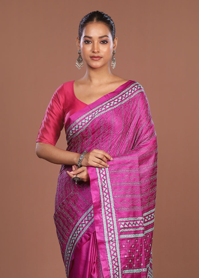 Pink Kantha Stitch Silk Saree With Blouse Piece