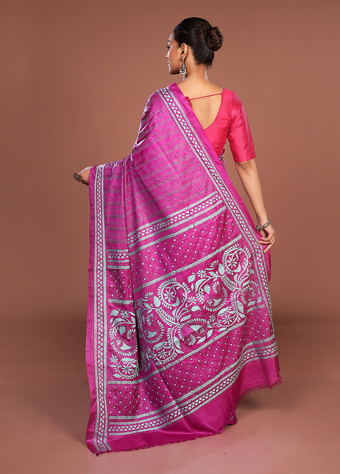 Pink Kantha Stitch Silk Saree With Blouse Piece