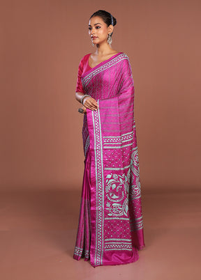Pink Kantha Stitch Silk Saree With Blouse Piece