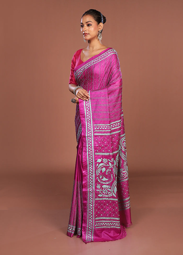 Pink Kantha Stitch Silk Saree With Blouse Piece