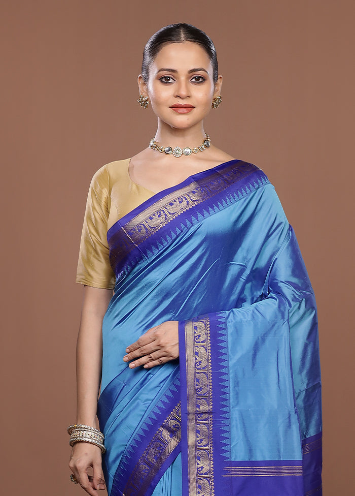 Blue Kanjivaram Silk Saree With Blouse Piece