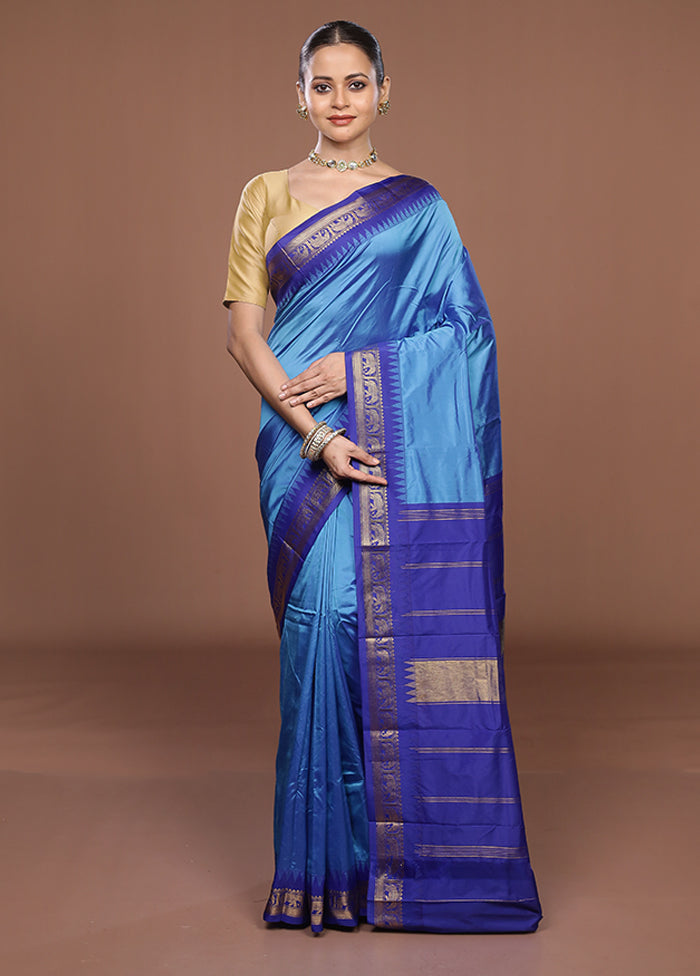 Blue Kanjivaram Silk Saree With Blouse Piece