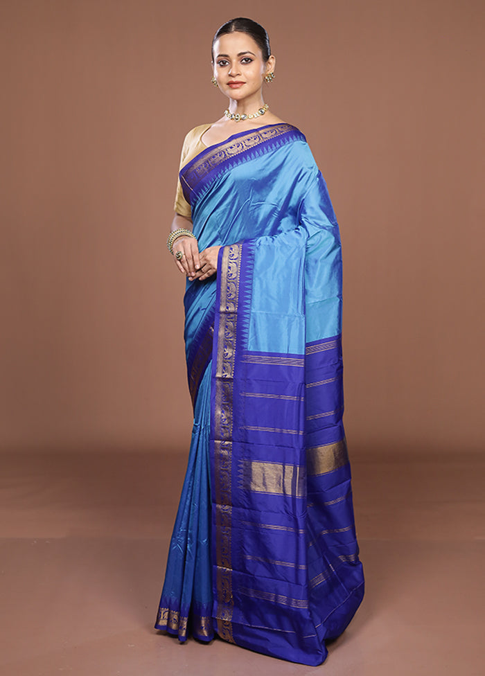 Blue Kanjivaram Silk Saree With Blouse Piece