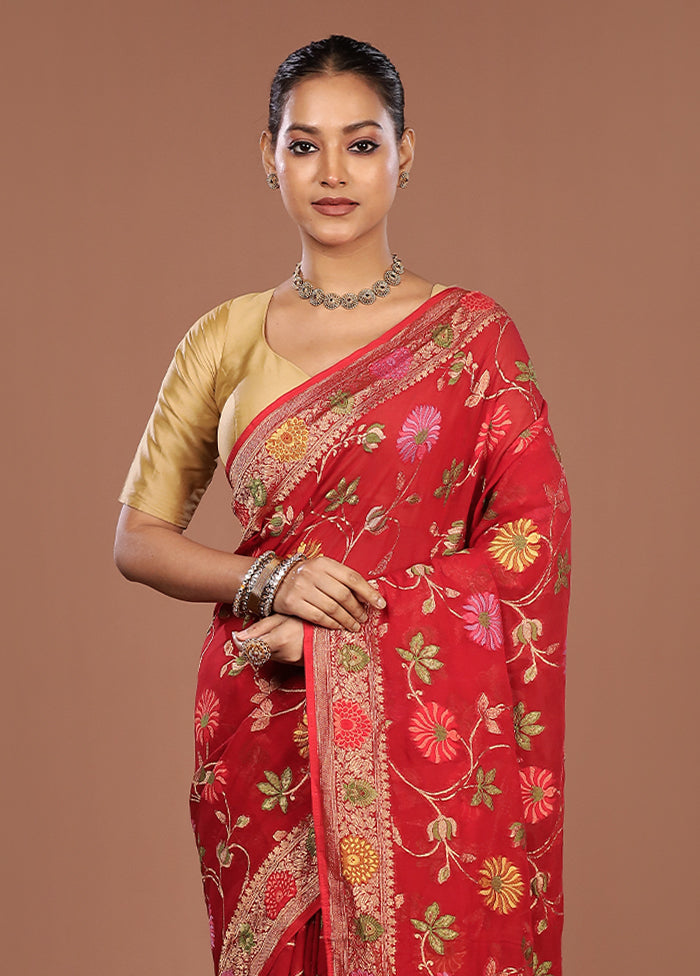 Red Handloom Pure Georgette Saree With Blouse Piece