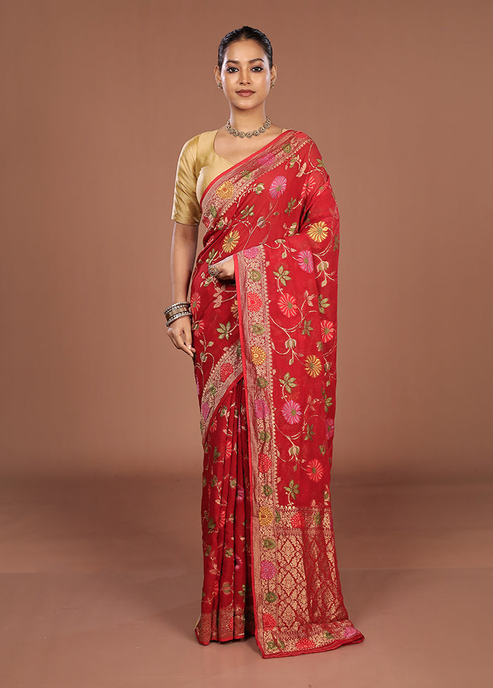 Red Handloom Pure Georgette Saree With Blouse Piece