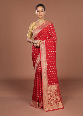 Red Handloom Pure Georgette Saree With Blouse Piece