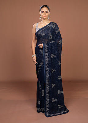 Blue Chiffon Silk Saree With Blouse Piece