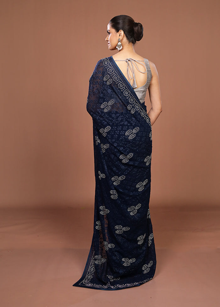 Blue Chiffon Silk Saree With Blouse Piece