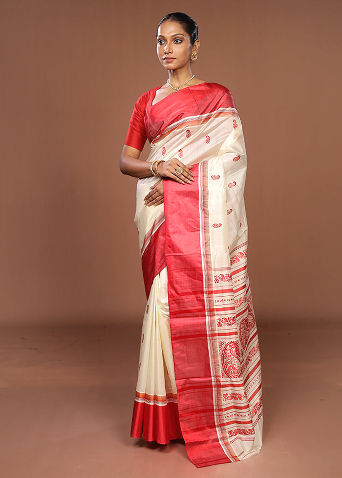 White Garad Pure Silk Saree Without Blouse Piece