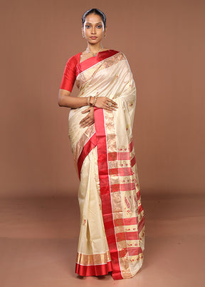 White Garad Pure Silk Saree Without Blouse Piece
