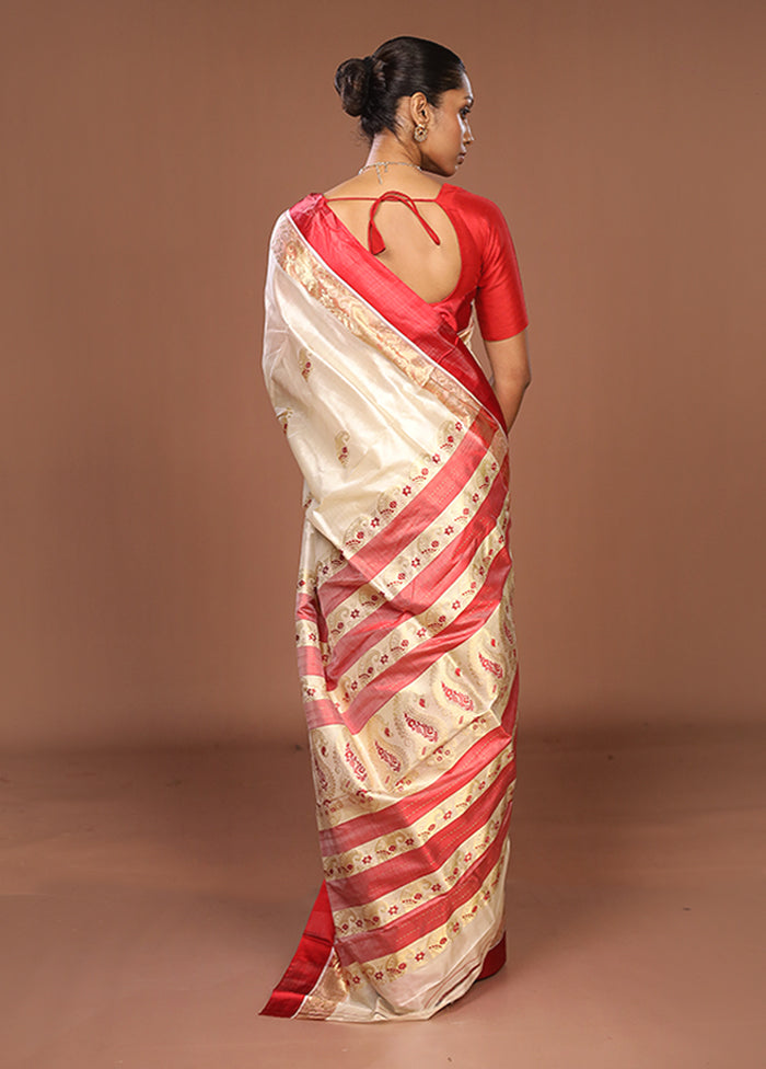 White Garad Pure Silk Saree Without Blouse Piece