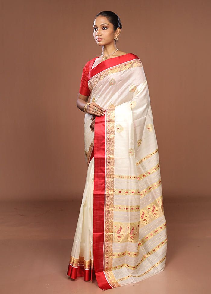 White Garad Pure Silk Saree Without Blouse Piece