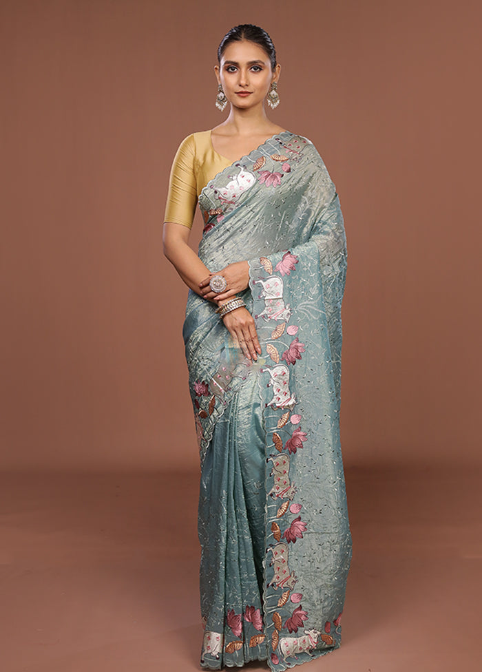 Green Tissue Silk Saree With Blouse Piece