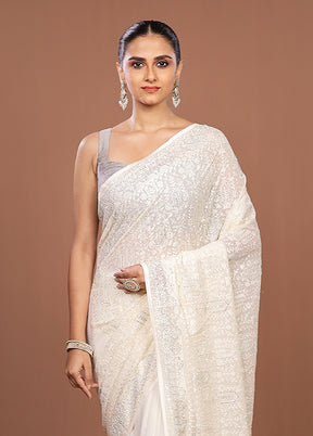 White Chiffon Silk Saree With Blouse Piece