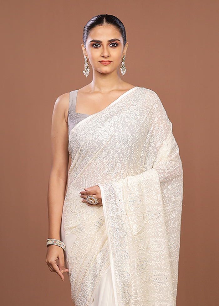 White Chiffon Silk Saree With Blouse Piece