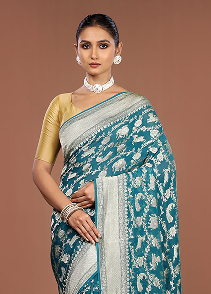 Green Handloom Pure Georgette Saree With Blouse Piece