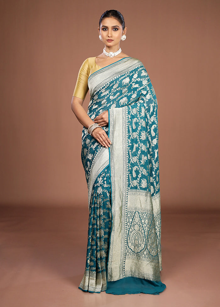 Green Handloom Pure Georgette Saree With Blouse Piece