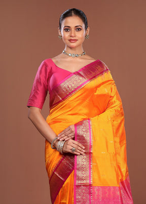 Orange Handloom Kanjivaram Pure Silk Saree With Blouse Piece