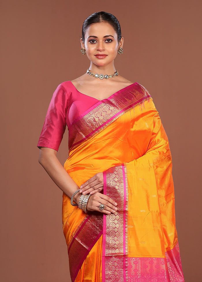 Orange Handloom Kanjivaram Pure Silk Saree With Blouse Piece