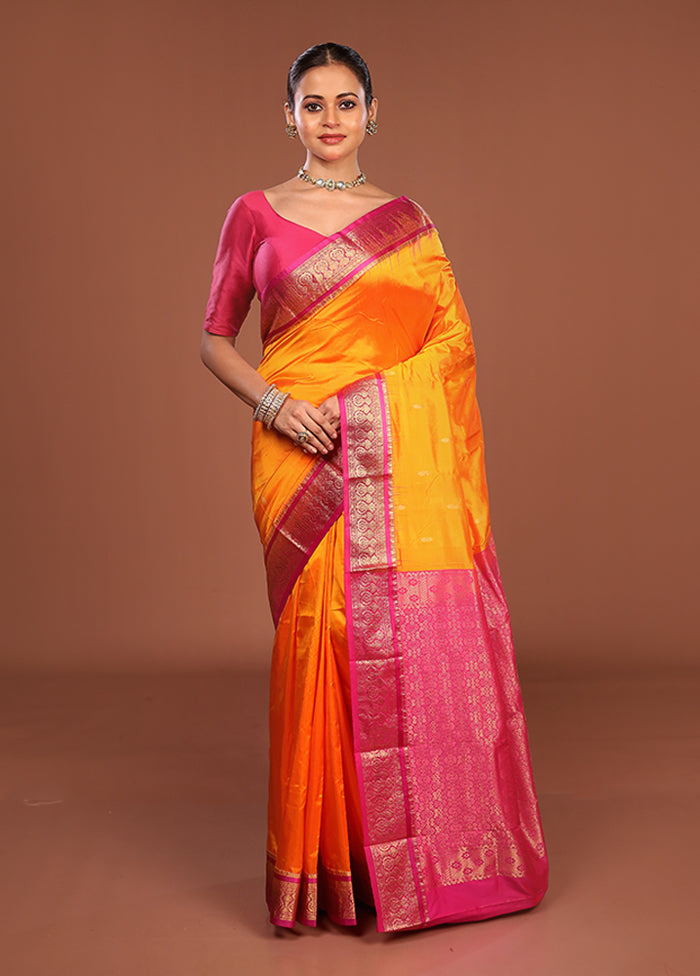 Orange Handloom Kanjivaram Pure Silk Saree With Blouse Piece