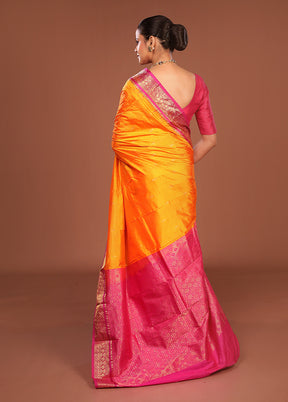 Orange Handloom Kanjivaram Pure Silk Saree With Blouse Piece