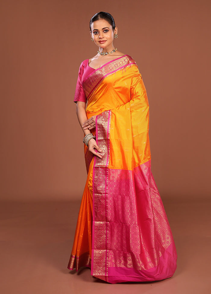 Orange Handloom Kanjivaram Pure Silk Saree With Blouse Piece